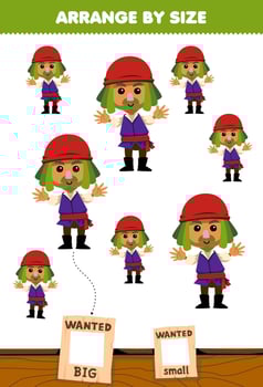 Education game for children arrange by size big or small picture of cute cartoon mustache man character printable pirate worksheet vector