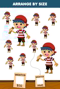 Education game for children arrange by size big or small picture of cute cartoon boy with bandana printable pirate worksheet vector