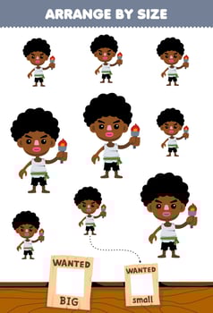 Education game for children arrange by size big or small picture of cute cartoon kid carrying torch character printable pirate worksheet vector