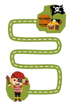 Education game for children handwriting practice trace the lines help cute cartoon boy move to barrel treasure chest and flag printable pirate worksheet vector
