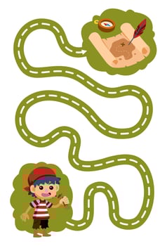 Education game for children handwriting practice trace the lines help cute cartoon boy move to treasure map and compass printable pirate worksheet vector