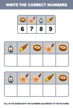 Education game for children write the right numbers in the box according to the cute compass treasure map lantern spyglass on the table printable pirate worksheet vector