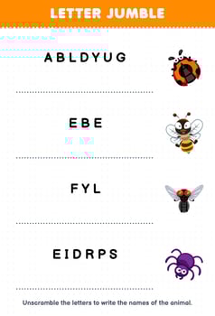 Education game for children letter jumble write the correct name for cute cartoon ladybug bee fly spider printable animal worksheet vector