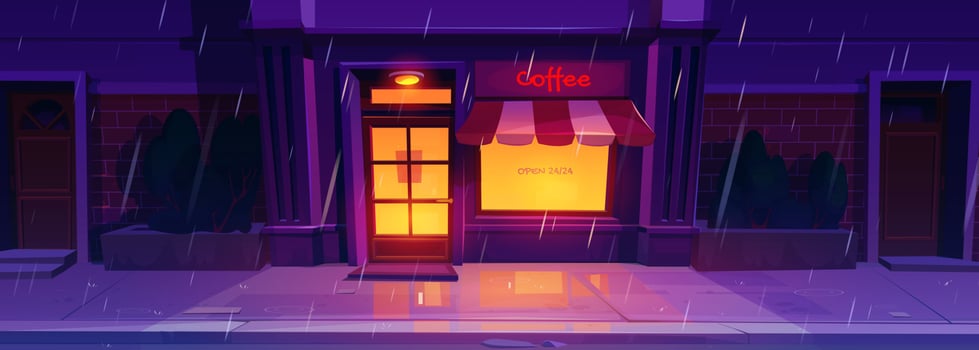 Bar on city street, rainy night cartoon background vector