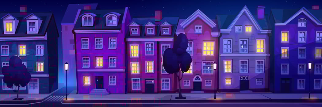 Night scandinavian street with hygge windows vector