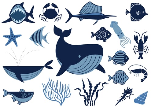 Vector Marine Life Illustration Set Isolated On A White Background.