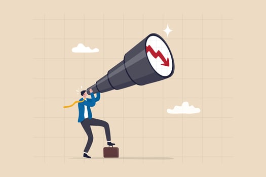 Economic forecast downturn, vision to see recession, stock market crisis or financial failure, inflation going down concept, businessman look on telescope falling down red arrow graph in the future. vector