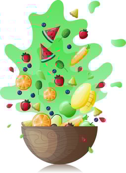 Fruit and vegetable salad in a wooden bowl. Vector illustration.