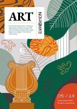 Creative flyer or poster concepts with abstract geometric shapes, ancient pillar, amphora on green background. Roman and Greek vector illustration. Art posters for the exhibition,  magazine or cover
