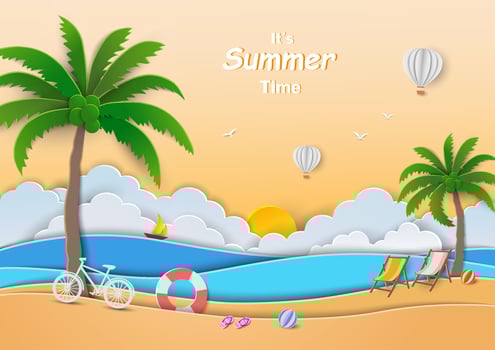 Summer landscape with view of blue sea and coconut palm beach on paper art style vector