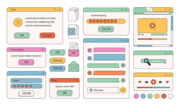90s retro vaporwave old desktop user interface elements. Cute nostalgic computer ui, vintage aesthetic icons and windows vector set. 90s interface digital, retro window computer stock illustration