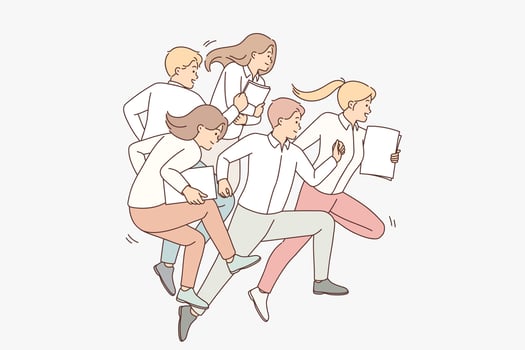 Motivated businesspeople run towards business success together. Smiling confident employees rush achieve shared work goals. Teamwork. Vector illustration.