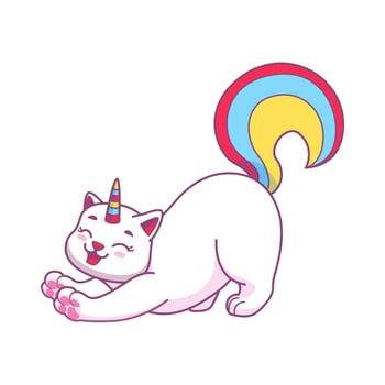 Cute caticorn character stretching with joy vector