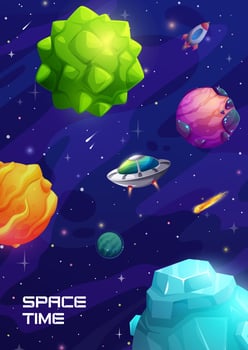Cartoon space landscape, galaxy planets and UFO vector