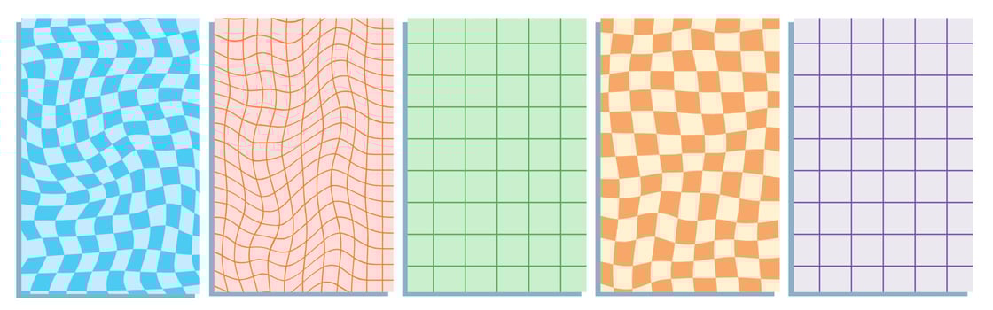 Collection of five vertical y2k retro backgrounds with chessboard and grids. vector