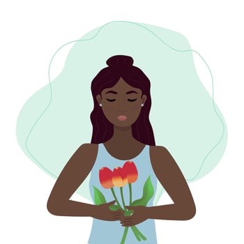 Spring concept. Woman holding in hands tulipas. Flat cartoon illustration of spring coming vector