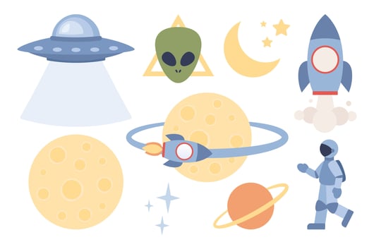 Space icon set. Astronaut, rocket, planet, UFO, moon, stars. Space travel, space adventures. Vector flat illustration