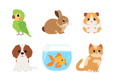 Set of home pets - parrot, rabbit, hamster, dog, fish and cat. Cute domestic animals. Vector flat illustration isolated on white background
