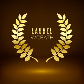 Golden shiny award sign. Laurel wreath on dark background. Vector illustration