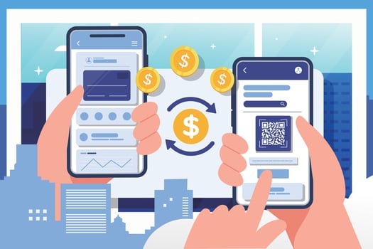 Mobile money transfer with hand holding mobile phone.Transfer money by online internet banking all around the world illustration. vector