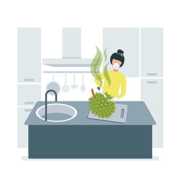 Illustration of a woman in the kitchen in a respirator and gloves cuts an exotic fruit durian with a knife. The girl cuts with a knife the stinky durian fruit in the kitchen in a mask. vector