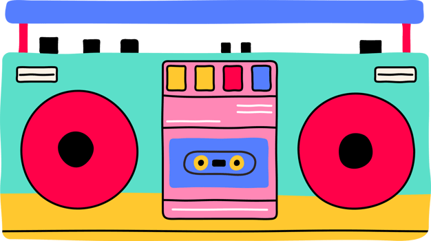 Classic 80s 90s elements in modern style flat, line art style, front view. Hand drawn PNG illustration of record player, audio tape recorder, ghetto boom box. Fashion patch, badge, emblem, logo