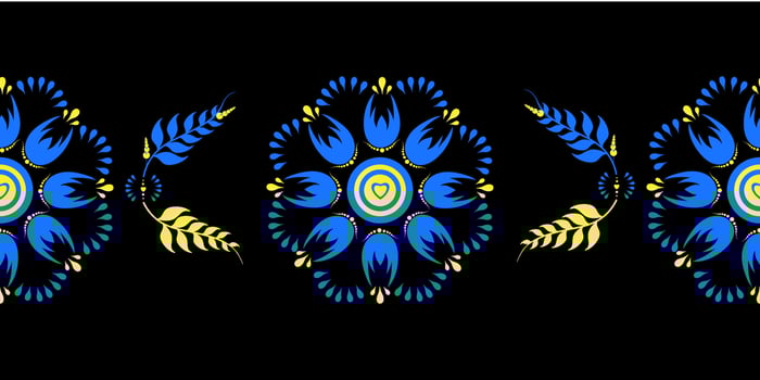 Beautiful seamless pattern with Ukrainian ornament on the black background. Botanical art. Petrykivka. Vector illustration.