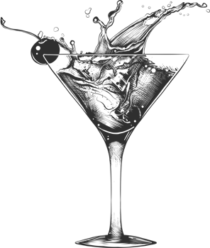PNG engraved style illustration for posters, decoration and print. Hand drawn sketch of cocktail with splash, monochrome isolated on white background. Detailed vintage woodcut style
