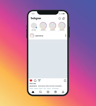 Instagram home page interface with smartphone, vector post mockup