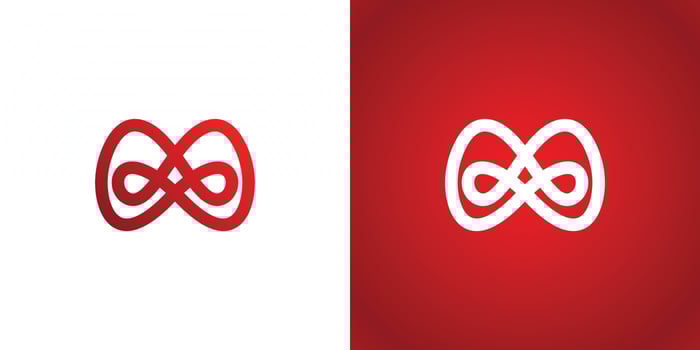 Letter M infinity logo design template on white and red background vector