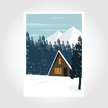 Vector winter themed template with cottage in snowy mountain forest. winter vintage poster illustration design.
