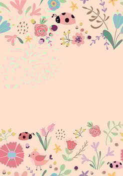 Spring floral banner frame. Hand drawn pink flowers. Spring template, tulips, insect. Vector illustration. Cute pink spring, summer nature background, cards.