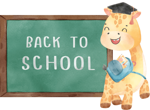 cute happy giraffe kid animal back to school with bag and books, children watercolour illustration png
