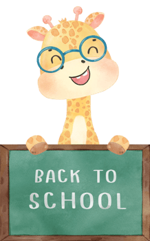 cute happy giraffe kid animal back to school with bag and books, children watercolour illustration png