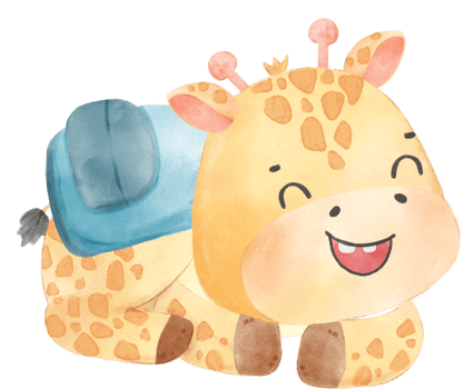 cute happy giraffe kid animal back to school with bag and books, children watercolour illustration png