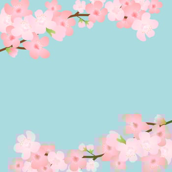 Horizontal template with cherry blossom, spring flowers, falling petals. Retro vector illustration. Place for your text. Design for invitation, banner, card, poster, flyer.