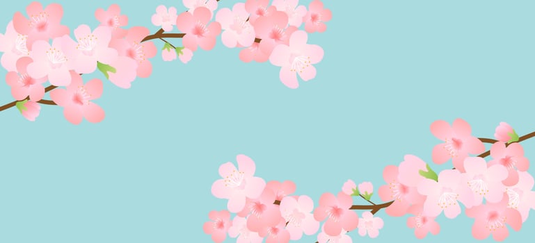 Horizontal template with cherry blossom, spring flowers, falling petals. Retro vector illustration. Place for your text. Design for invitation, banner, card, poster, flyer.