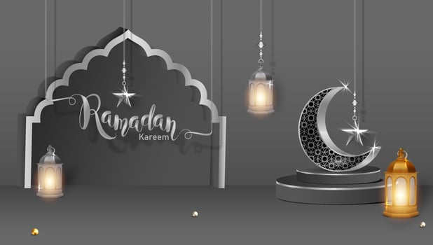 3d modern islamic holiday banner. Display podium with ramadan lantern, metal moon and mosque portal vector