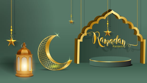 3d modern islamic holiday banner. Display podium with ramadan lantern, metal moon and mosque portal vector