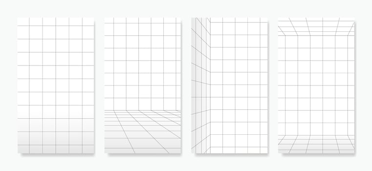 A collection of vector perspective grids with precise lines over a white background. These grids are ideal for vertical Instagram stories, ads, banners, and posters.