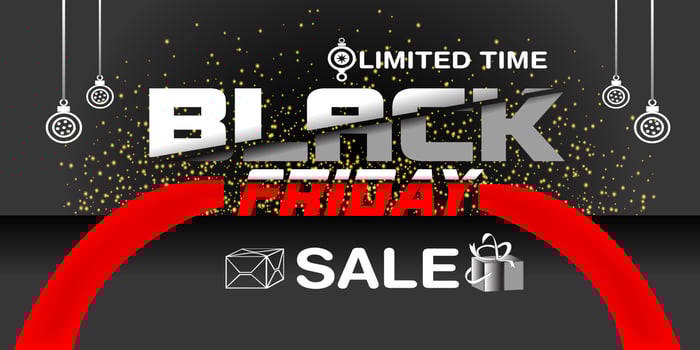 Black Friday Super Sale banner. Realistic 3d design stage podium. black Friday poster background, Open black gift box full of decorative, Golden text lettering, black discount label design. vector