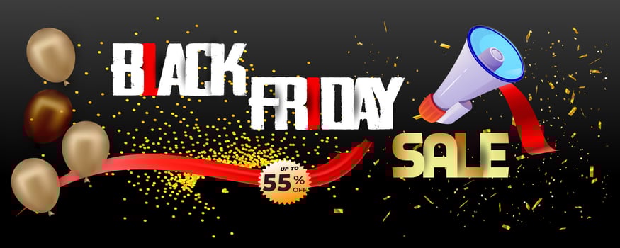 Black Friday Super Sale banner. Realistic 3d design stage podium. black Friday poster background, Open black gift box full of decorative, Golden text lettering, black discount label design. vector