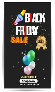 Black Friday Super Sale banner. Realistic 3d design stage podium. black Friday poster background, Open black gift box full of decorative, Golden text lettering, black discount label design. vector