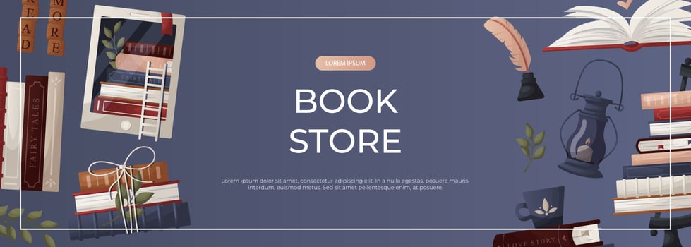 Promo banner with stack of books, globe, inkwell quill, plant, lantern, ebook. World book day. Bookstore, bookshop, library, book lover, bibliophile, education for poster, cover, advertising vector
