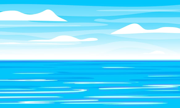 Blue sea with clouds on sky. Summer background with copy space. Vector illustration.
