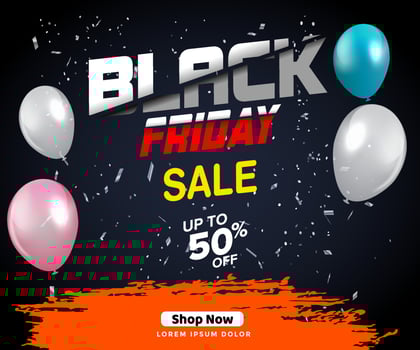 Black Friday Super Sale banner. Realistic 3d design stage podium. black Friday poster background, Open black gift box full of decorative, Golden text lettering, black discount label design. vector
