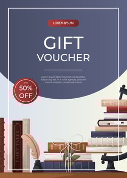 Promo gift voucher flyer with reading bookshelve with stack of books, globe, inkwell with a quill Bookstore, bookshop, library, book lover, bibliophile, education. A4 for poster, banner, flyer vector