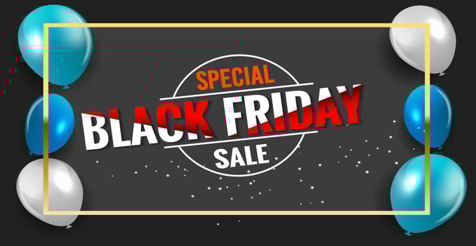 Black Friday Super Sale banner. Realistic 3d design stage podium. black Friday poster background, Open black gift box full of decorative, Golden text lettering, black discount label design. vector