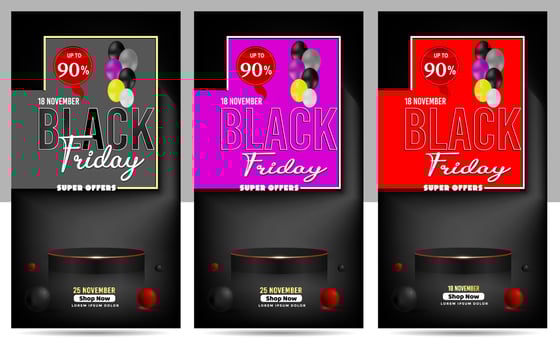 Black Friday Super Sale. Realistic 3d design stage podium. Open black gift box full of decorative, Golden text lettering, black Friday poster background, Xmas background, discount label design. vector
