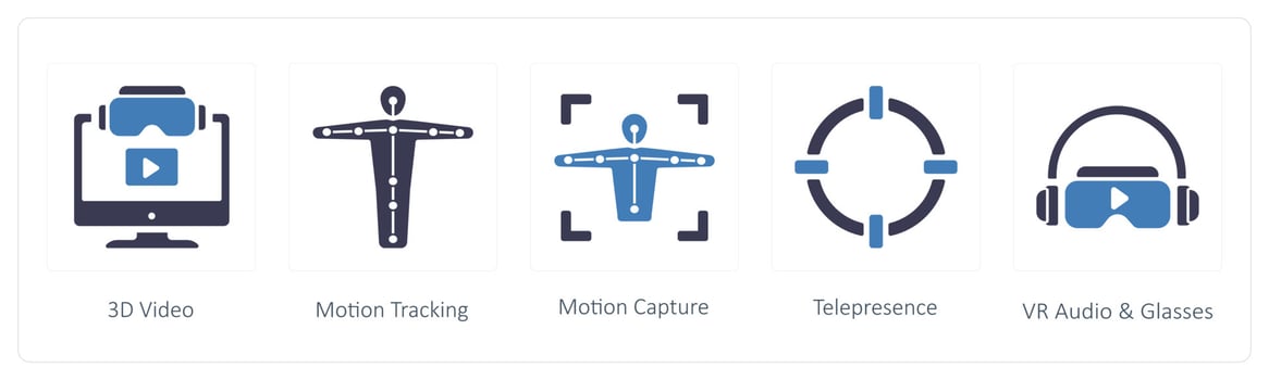 Virtual Reality icons such as 3d video, motion tracking and Motion Capture vector